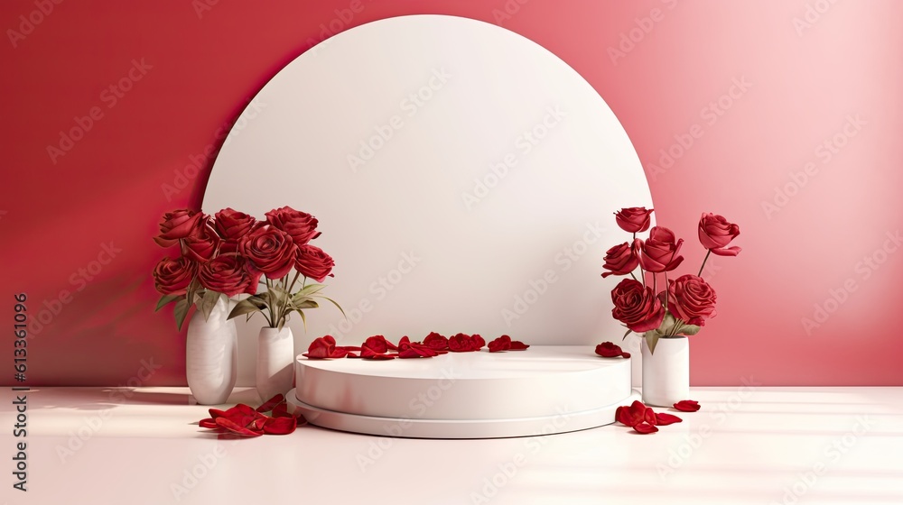 Clean red minimal podium for product presentation with beautiful fresh roses background. Generative 