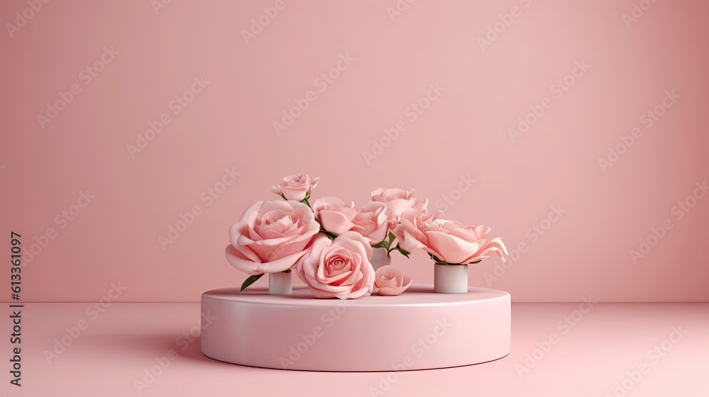 Clean pink minimal podium for product presentation with beautiful fresh roses background. gentle col