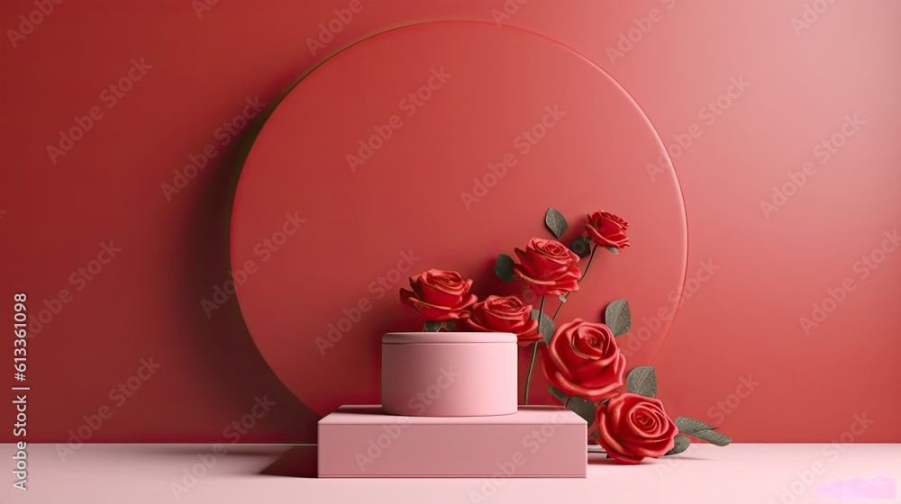 Clean red minimal podium for product presentation with beautiful fresh roses background. Generative 