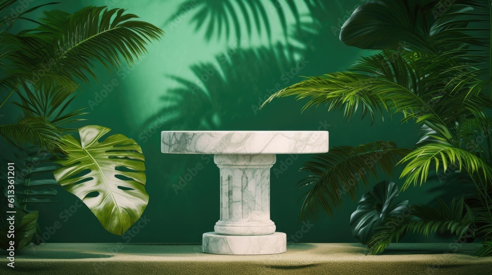 Podium marble pedestal shelf with a green leafy background, tropical leaves. Generative Ai.