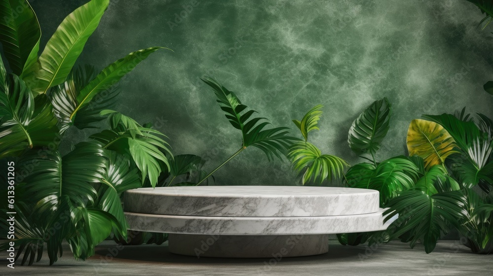 Podium marble pedestal shelf with a green leafy background, tropical leaves. Generative Ai.