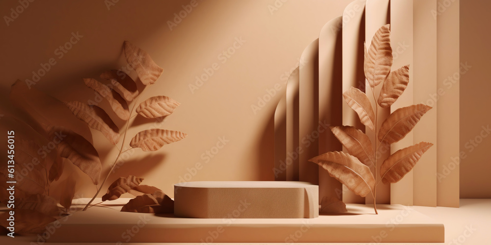 Beige podium for product display presentation. Sandstone and sandy colored plants. Generative AI