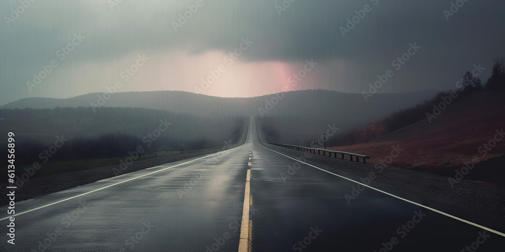 Minimalistic wet road and rain. Wet empty highway. Generative AI