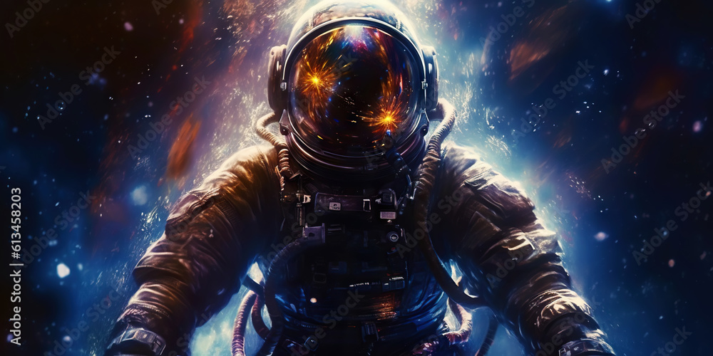 Portrait of astronaut floating in space with stars, planets. Front view on spacesuit technology. Gen