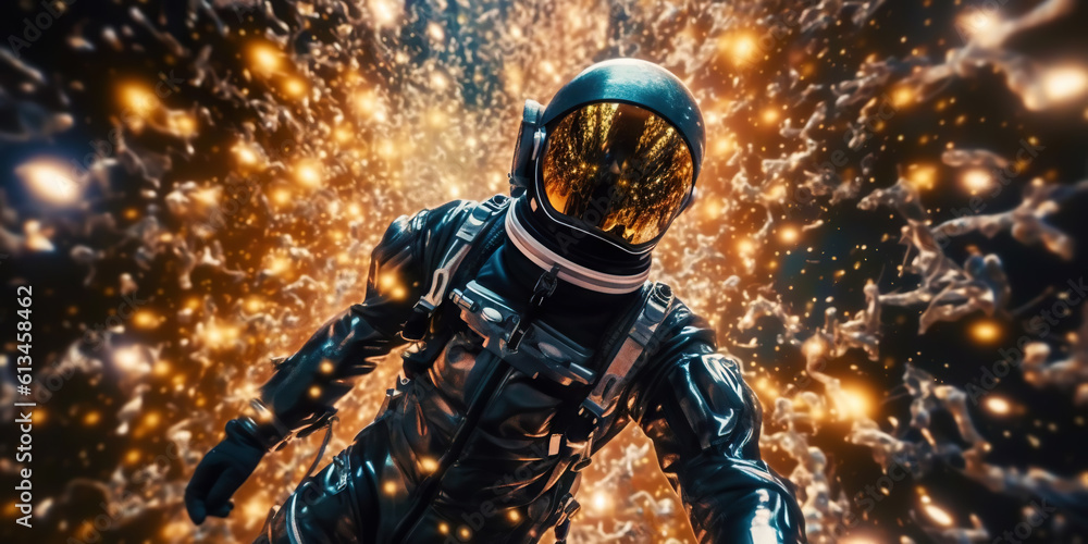 Portrait of astronaut floating in space with a asteroids, space rocks, burning sparks on backdrop. G