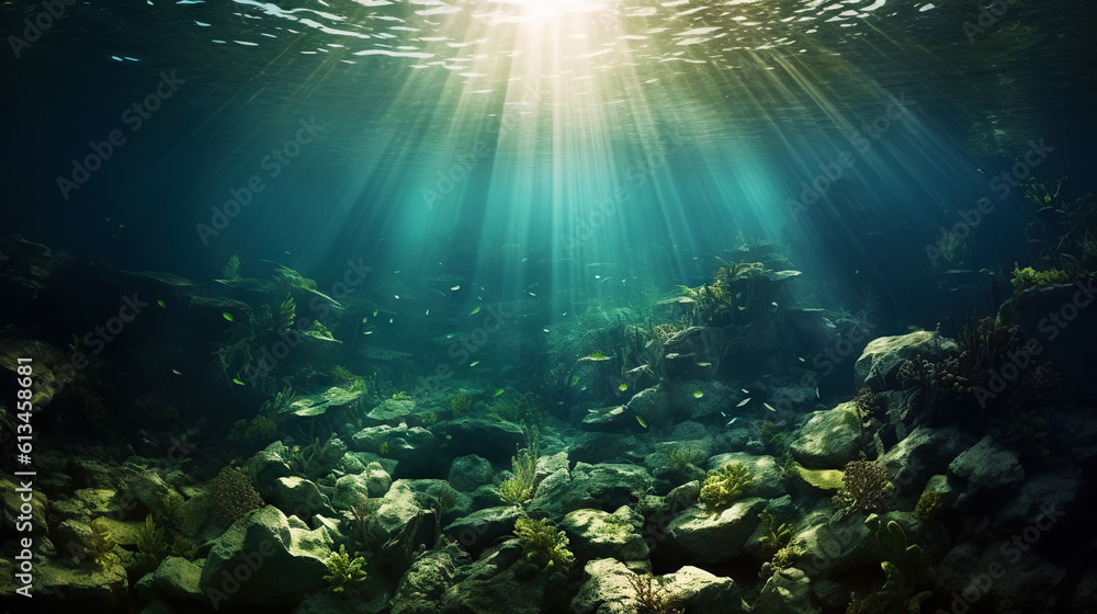 Underwater sunlight through the water surface seen from a rocky seabed with algae. Generative AI