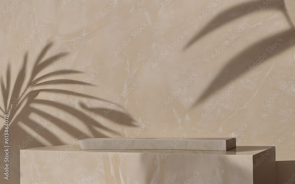 Marble beige podium with shadow from palm leaves on the wall. Background for presentation. AI genera