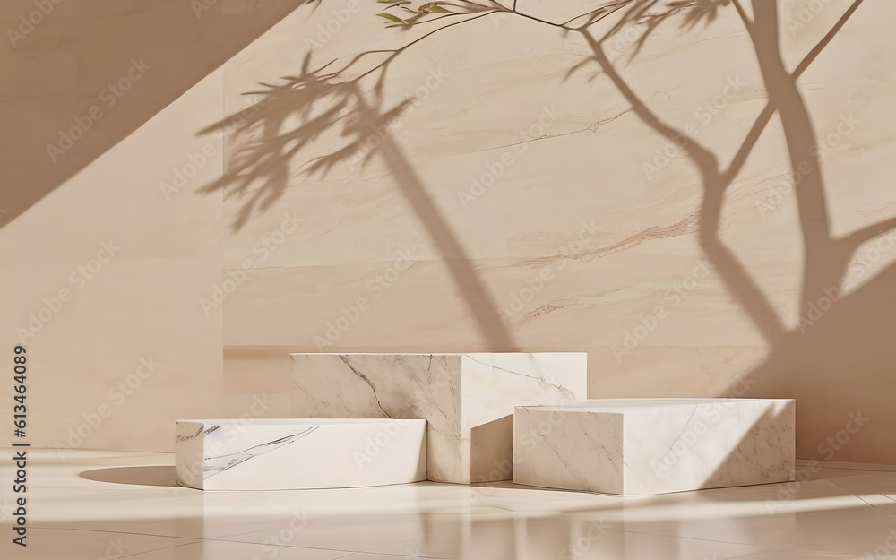 Three beige marble platforms with shadow from tree foliage on the wall. Background for presentation.