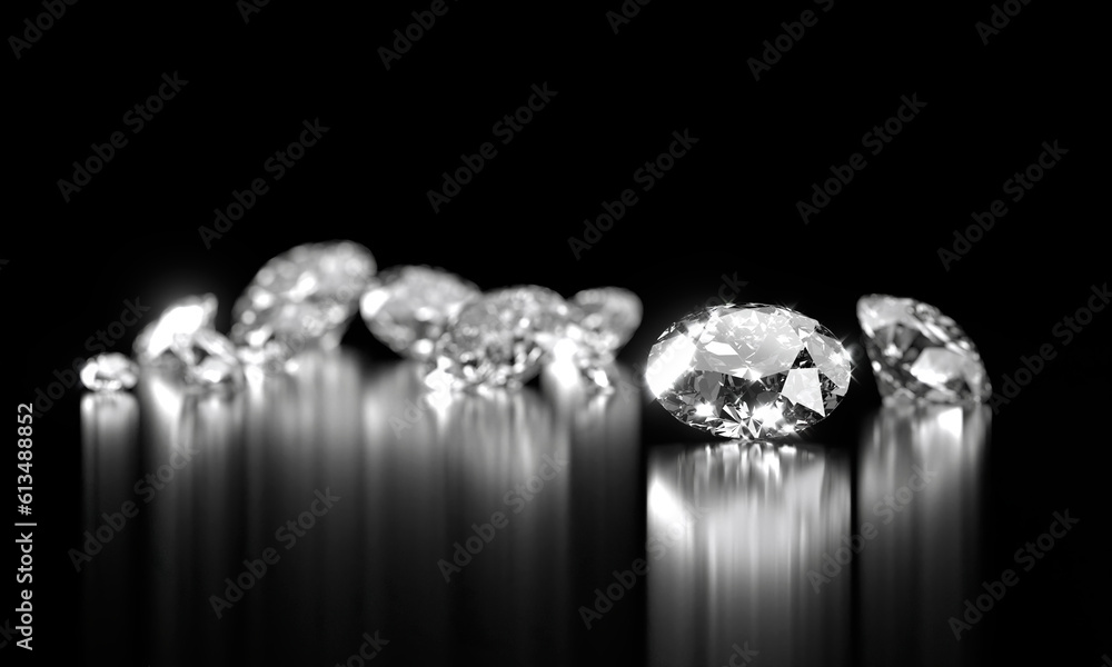 Diamonds group placed on glossy background 3d Rendering Soft Focus