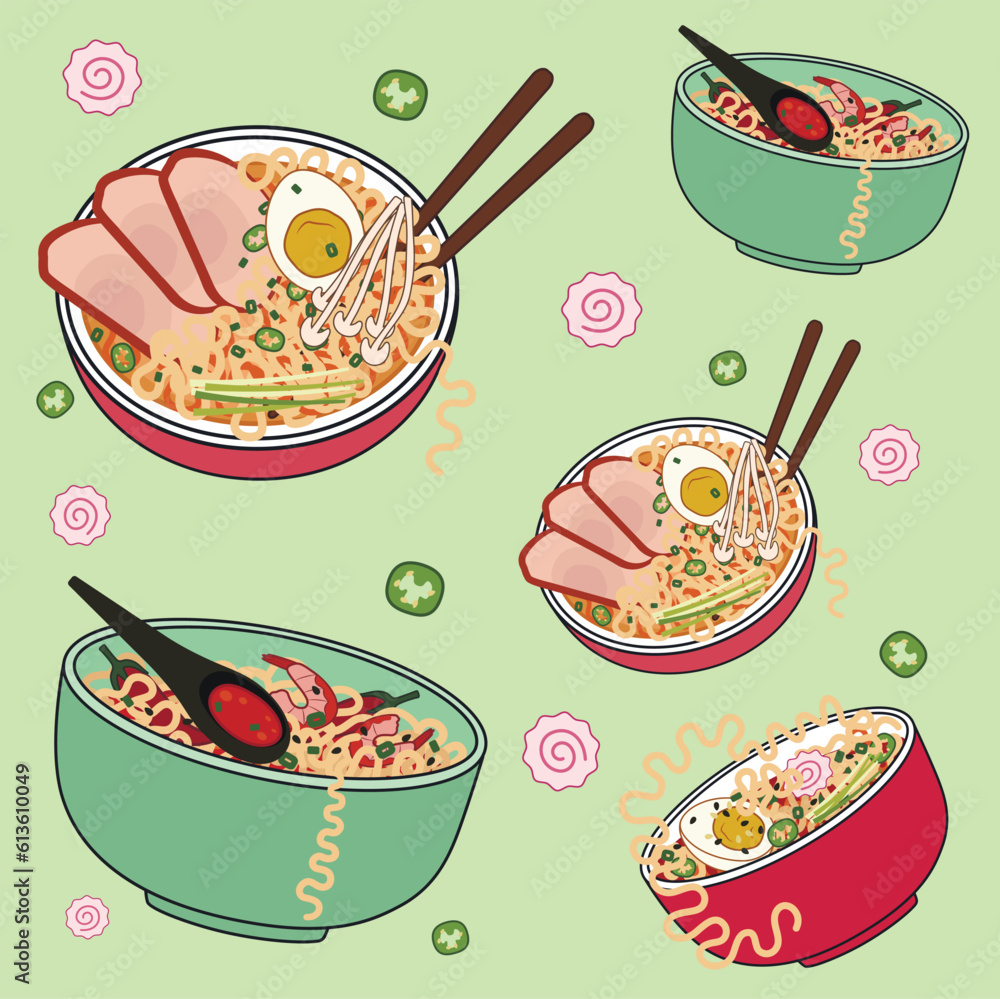 Set of bowls with tasty ramen soup on light green background. Pattern for design