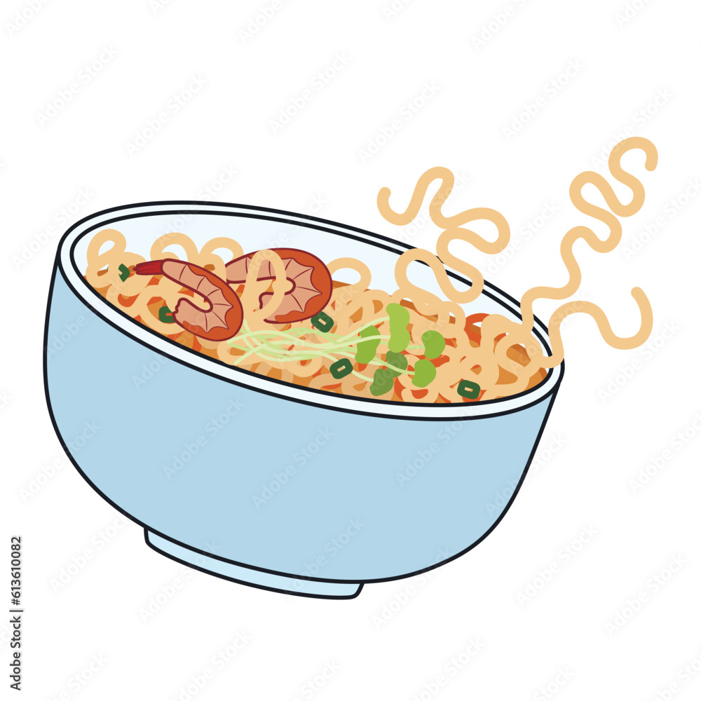 Flying bowl of tasty ramen soup on white background