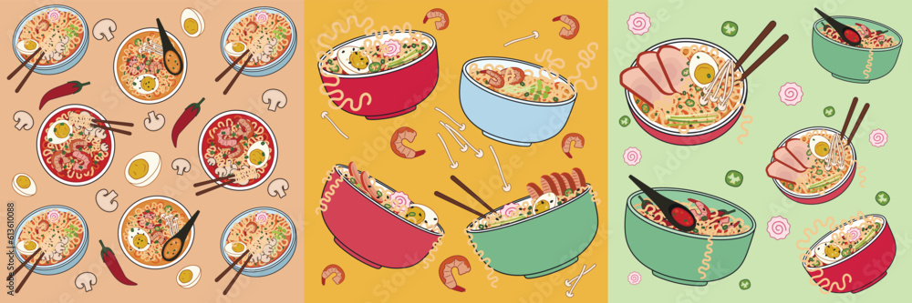 Set of bowls with tasty ramen soup on color background. Patterns for design