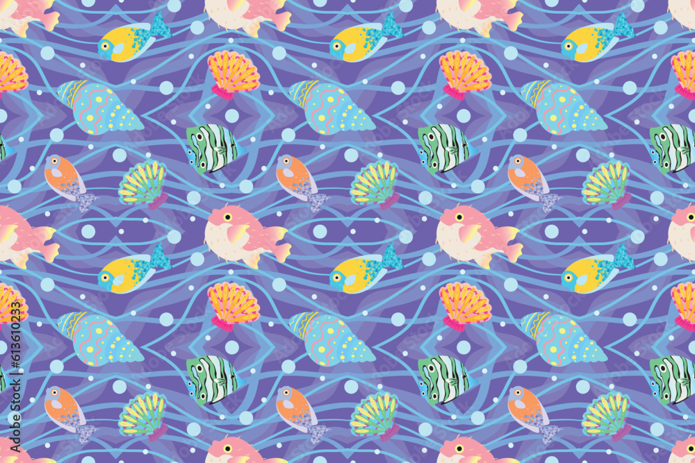 Many fishes and sea shells in water. Pattern for design