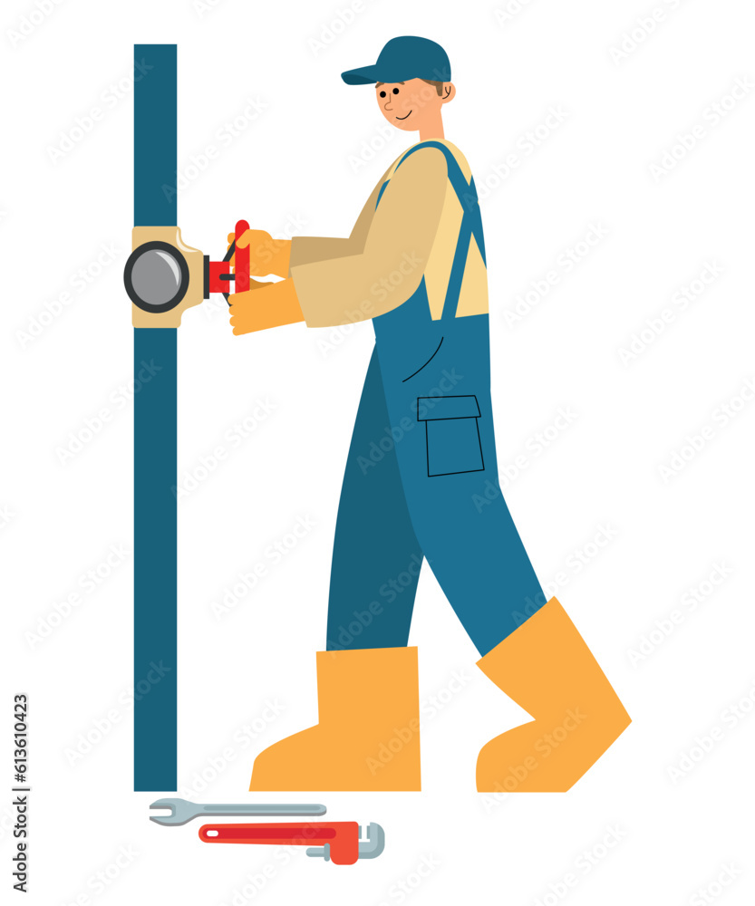 Male worker near pipeline on white background