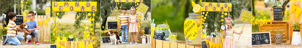 Collage with children selling lemonade in park