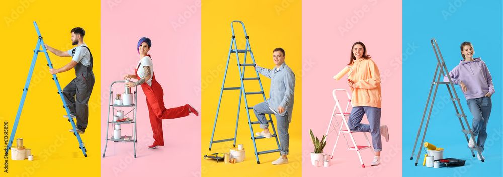 Set of painters on color background