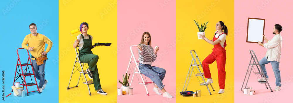 Group of painters on color background