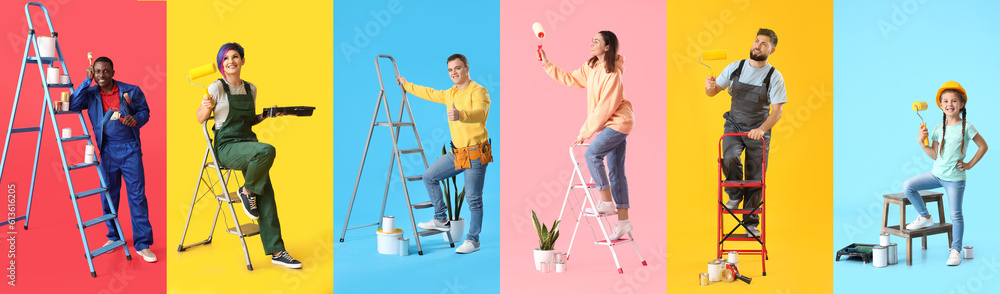 Collage of painters on color background