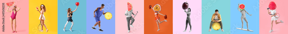 Set of active people with ripe fruits on color background