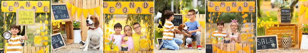 Collage with children selling lemonade in park