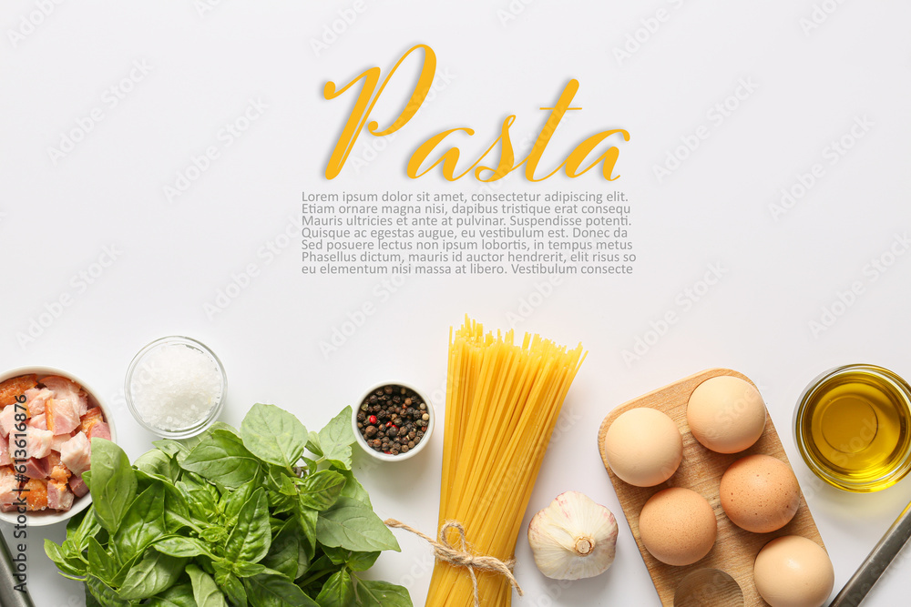 Ingredients for tasty pasta carbonara on white background with space for text, top view