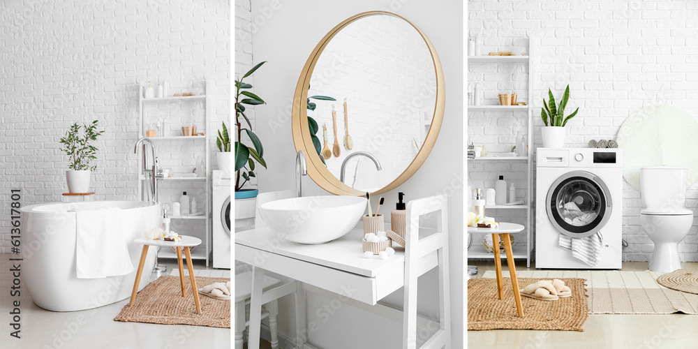 Collage of light interior of bathroom with bathtub, sink and washing machine