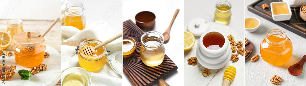 Collage of golden honey on white background