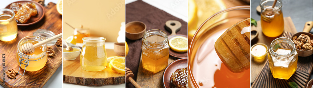 Collage of golden honey on table