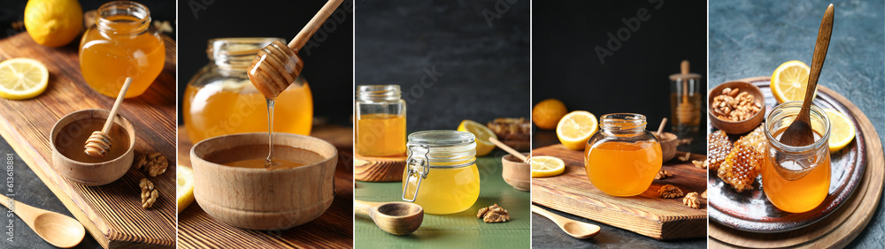 Collage of golden honey on dark background