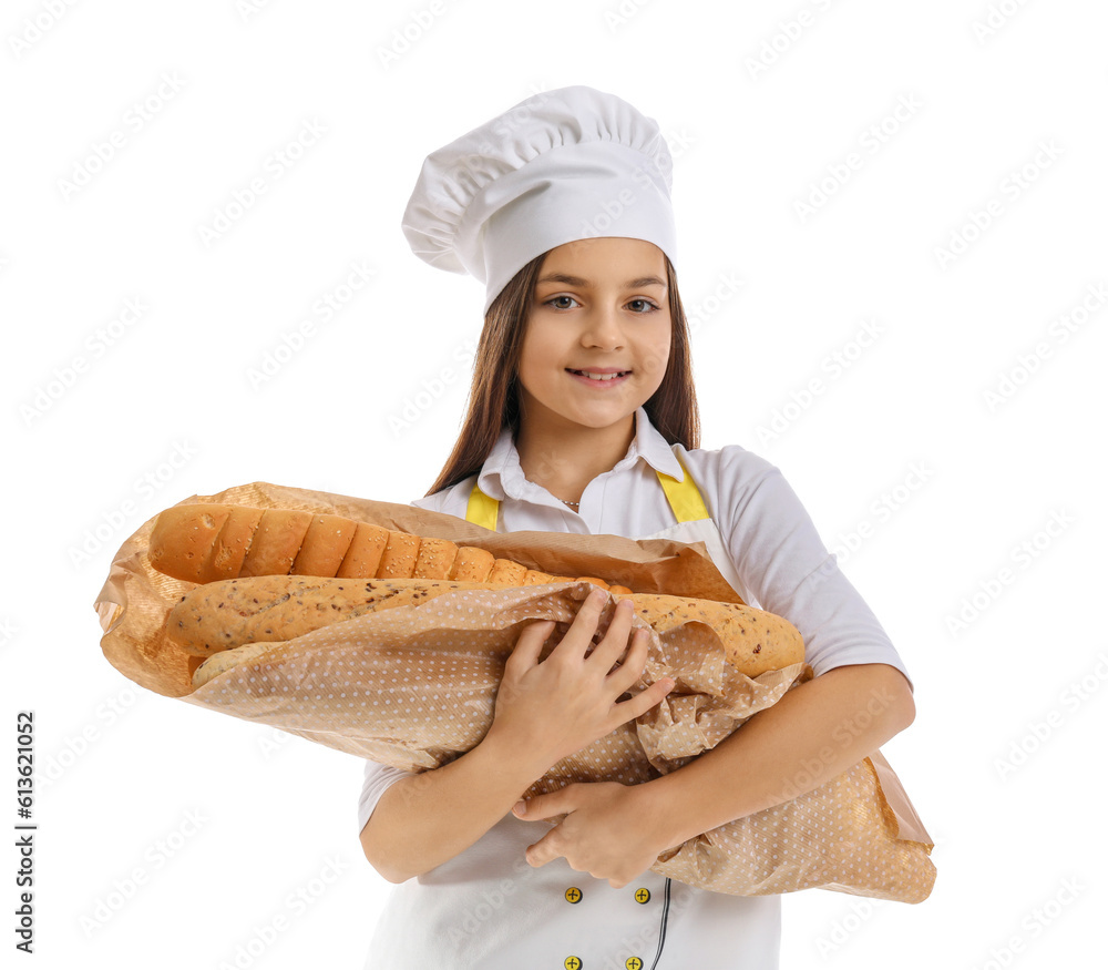 Little baker with fresh baguettes on white background