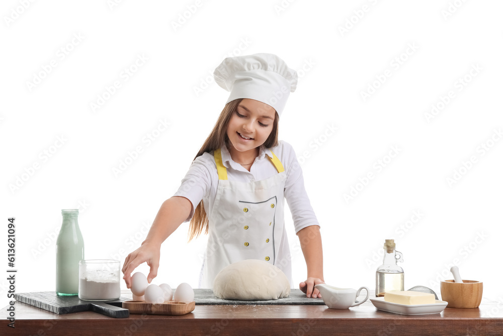 Little baker taking egg from table on white background