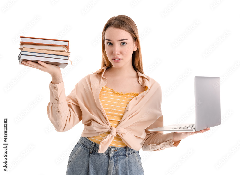 Young woman with laptop and books on white background. Balance concept