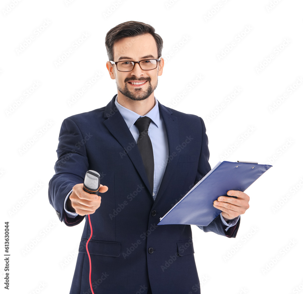 Male journalist with microphone and clipboard on white background