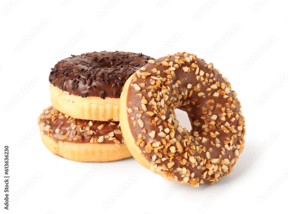 Sweet chocolate donuts on white background