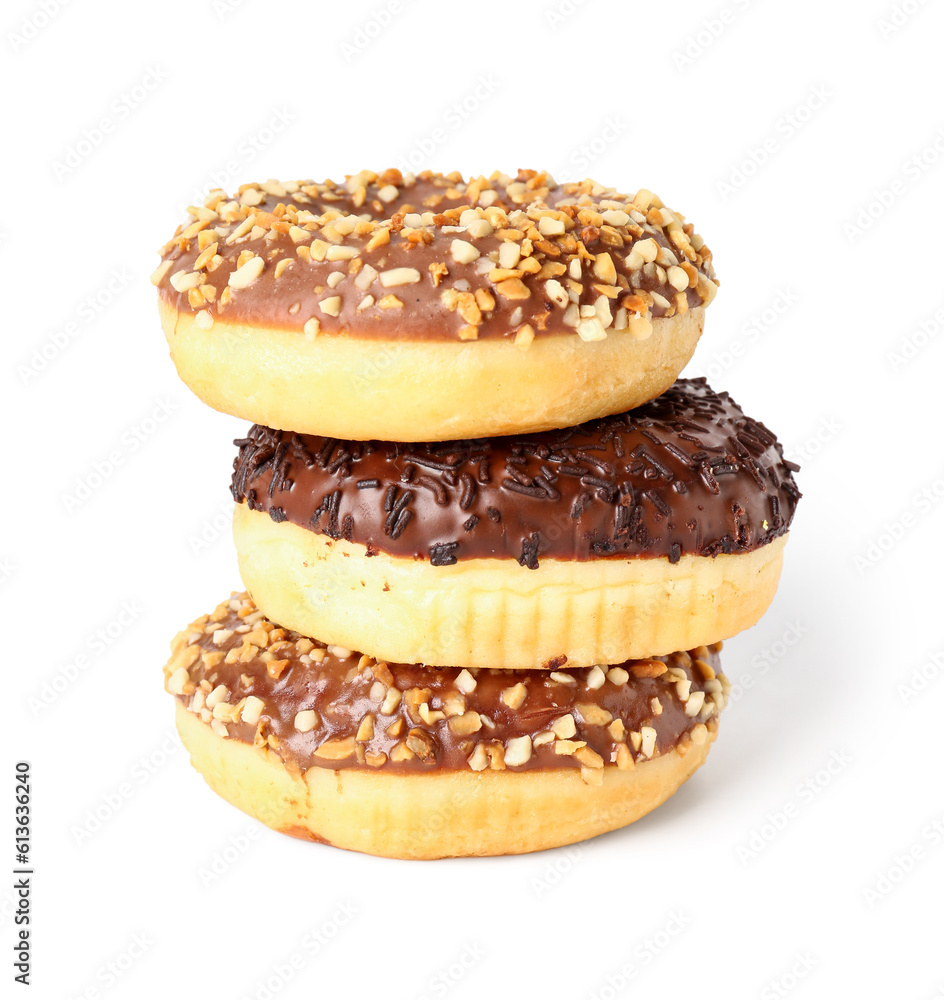 Sweet chocolate donuts on white background