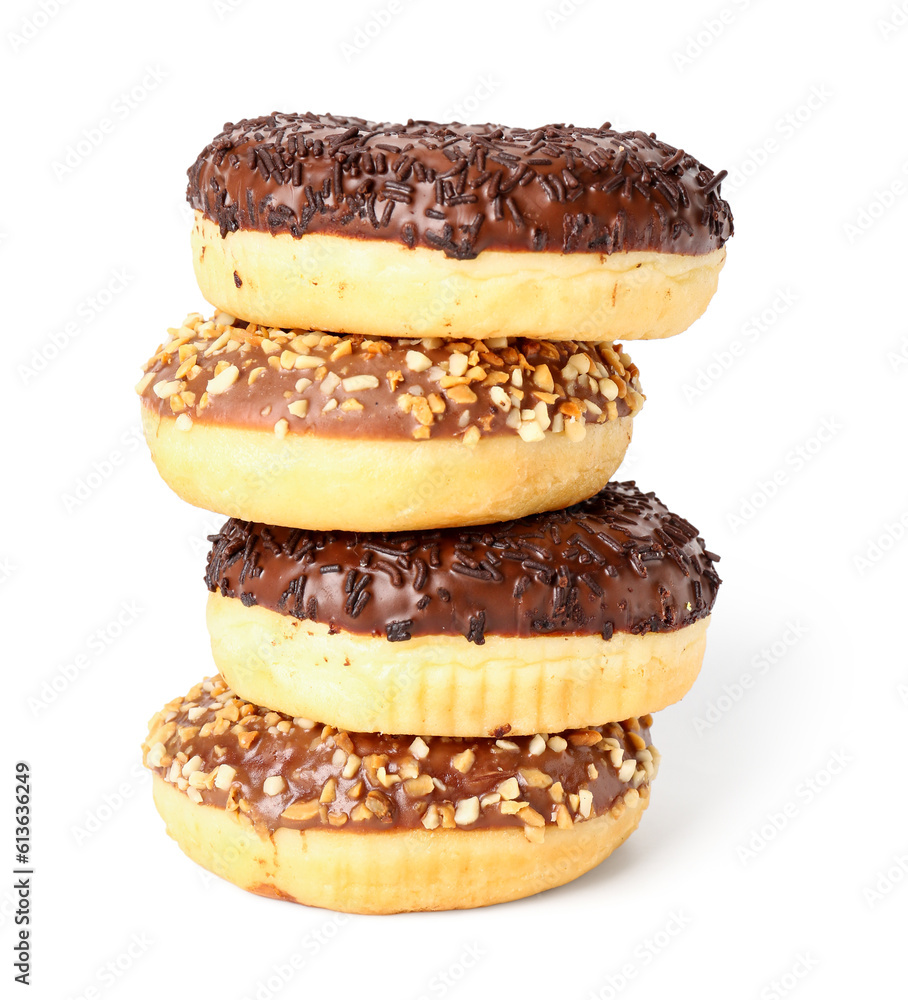 Sweet chocolate donuts on white background