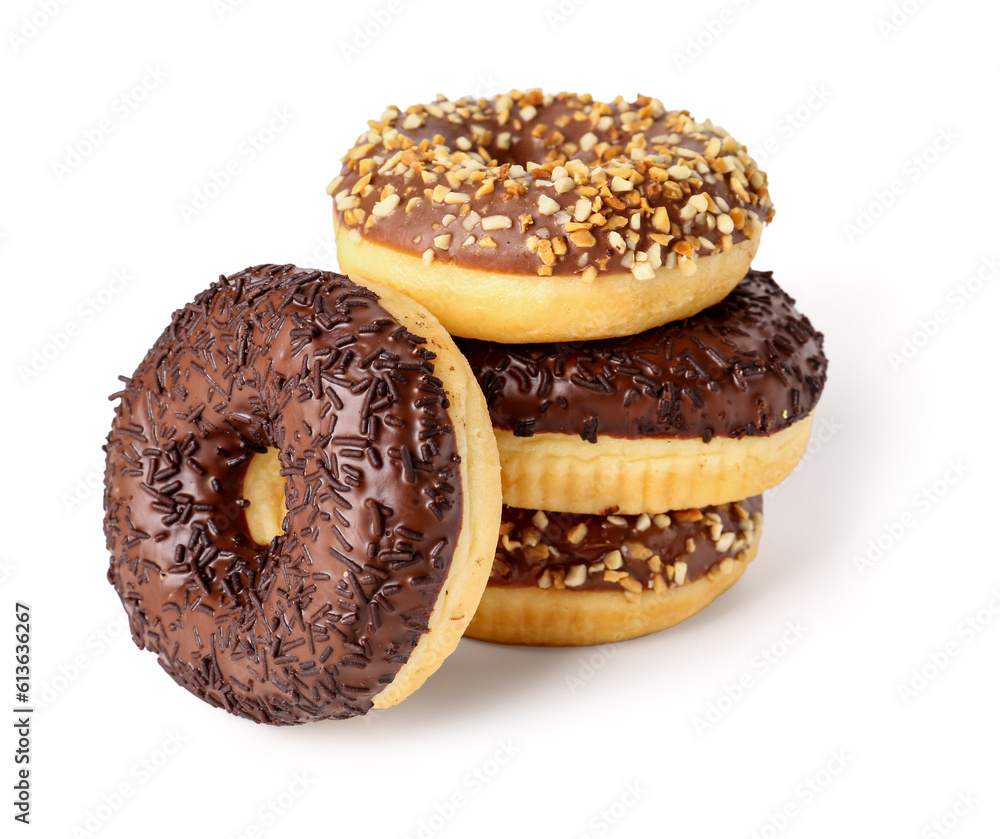 Sweet chocolate donuts on white background