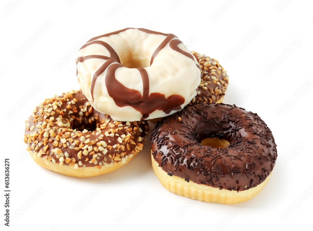 Sweet chocolate donuts on white background