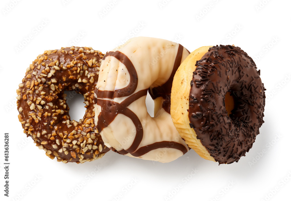 Sweet chocolate donuts on white background