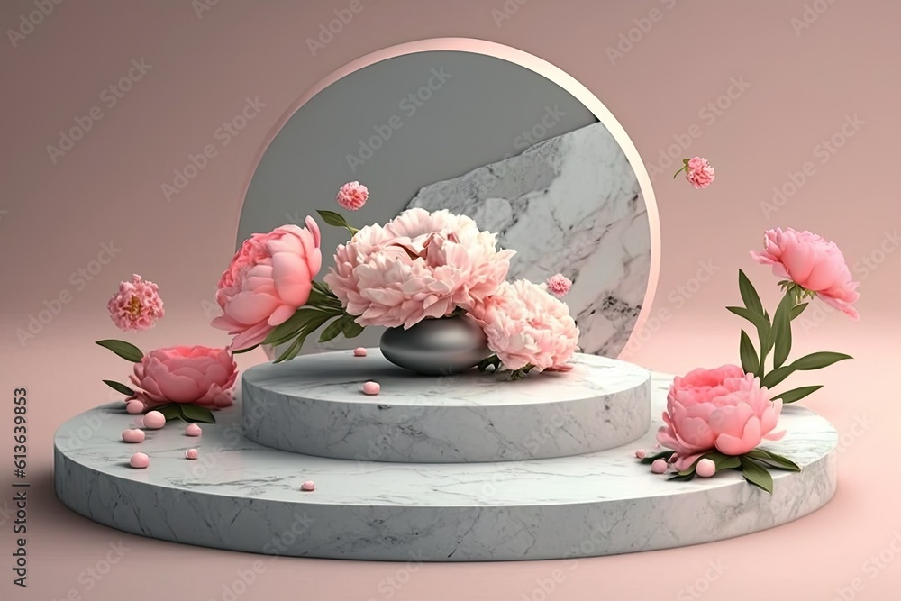 Decorative Marble Pedestal with a Mirror and Pink Flowers. Generative AI