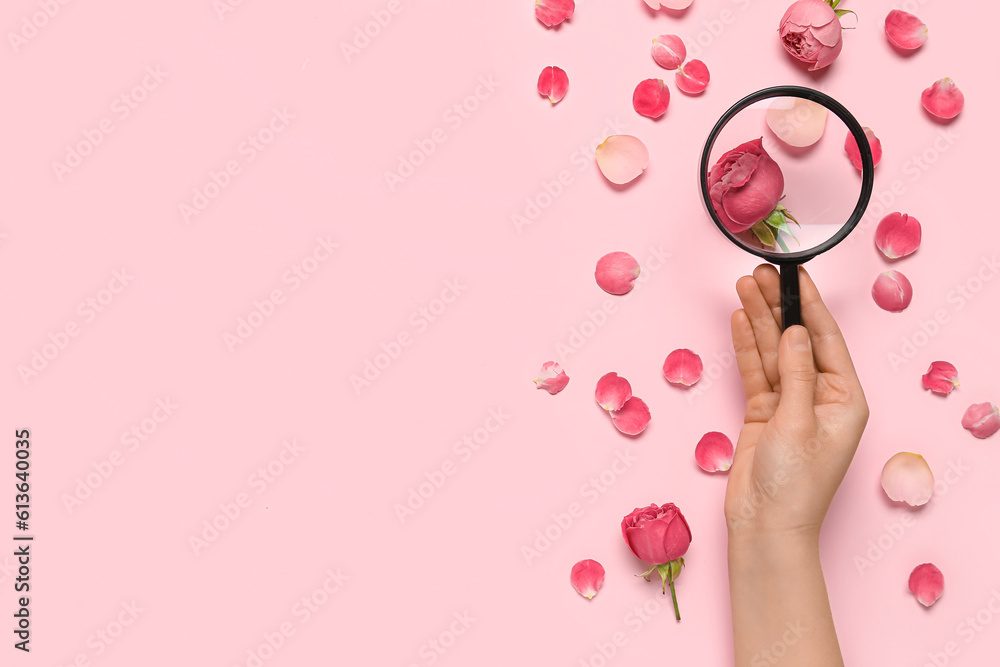 Female hand with magnifier and rose petals on pink background