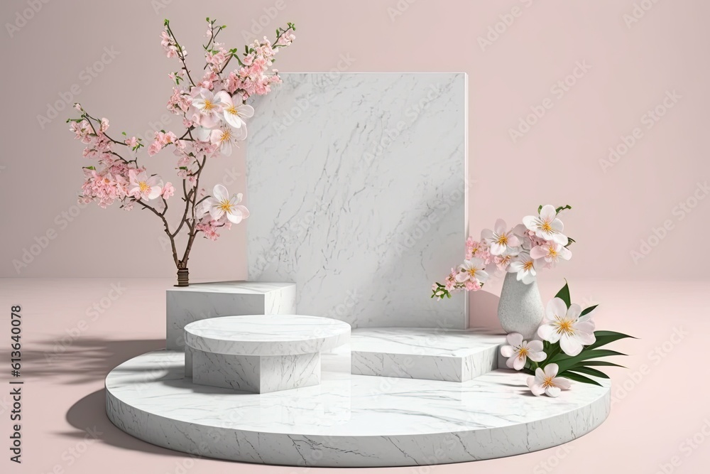 decorative marble table with a vase of flowers. Generative AI