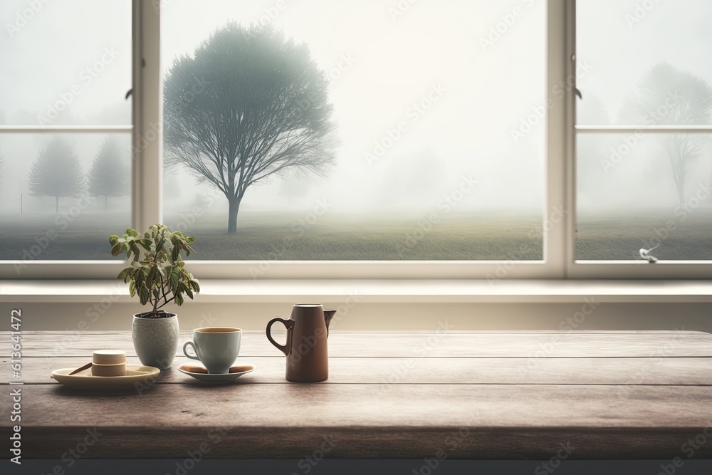 wooden table set with tea cups and a teapot. Generative AI