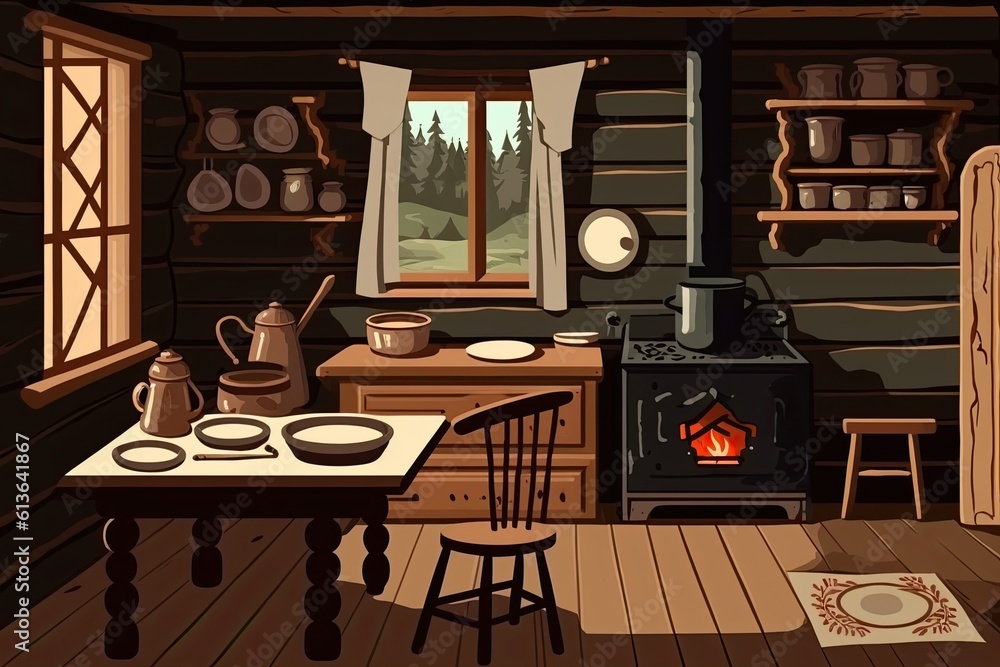 cozy kitchen with a rustic stove and wooden table. Generative AI