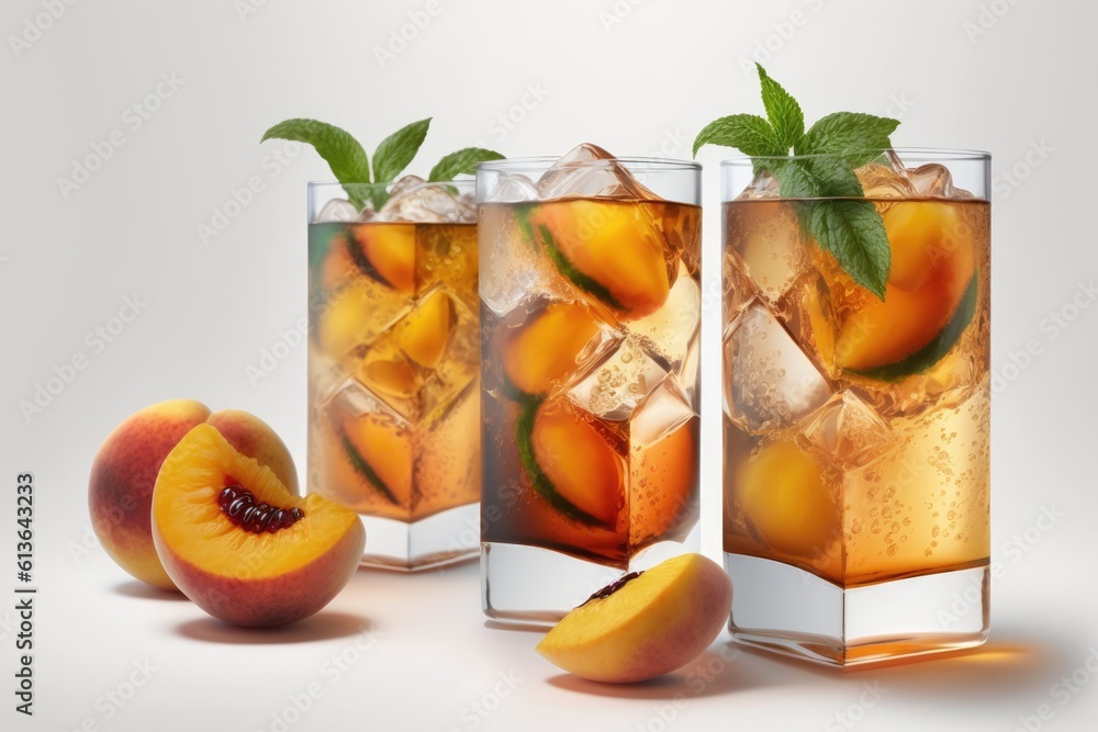 three refreshing glasses of iced peach tea garnished with fresh mint leaves. Generative AI