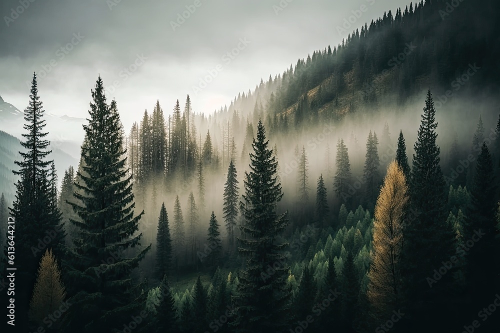 dense forest with towering trees under an overcast sky. Generative AI