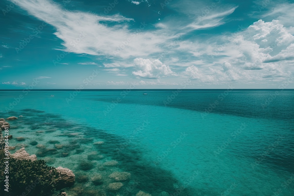 serene body of water surrounded by lush green land and fluffy clouds in the sky. Generative AI