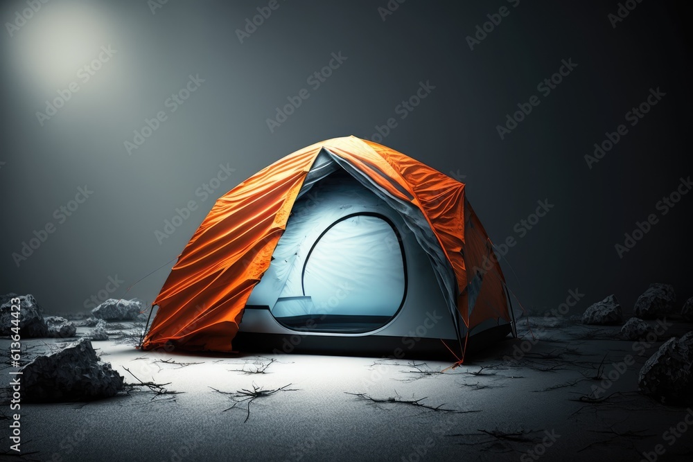 Camping Tent with Illuminated Interior. Generative AI