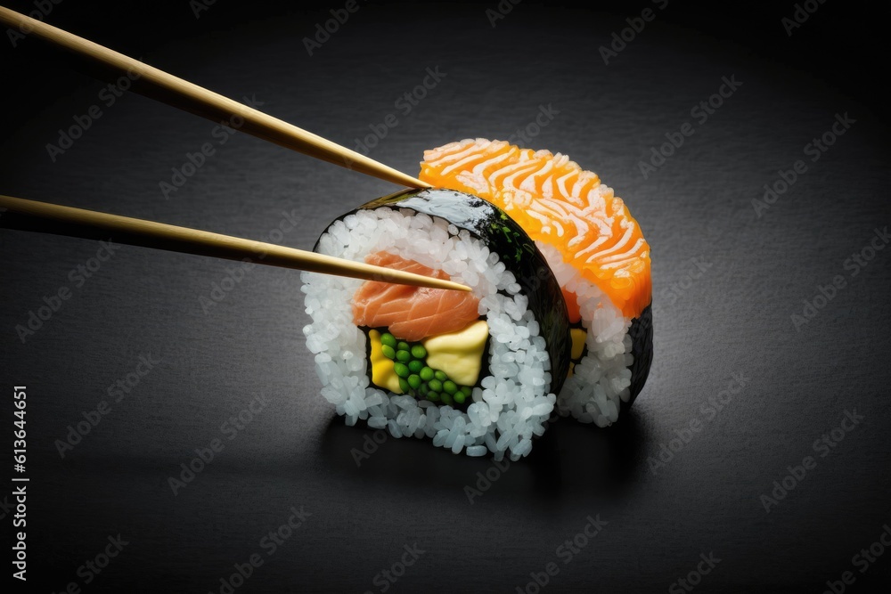 sushi with chopsticks on a black background. Generative AI