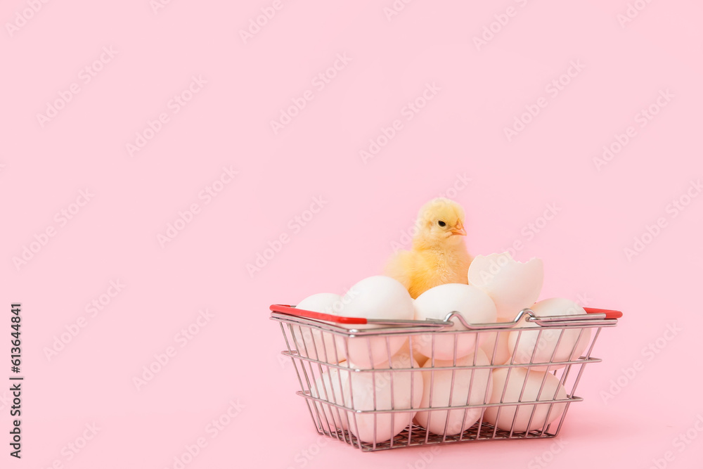 Shopping basket with cute little chick and eggs on pink background